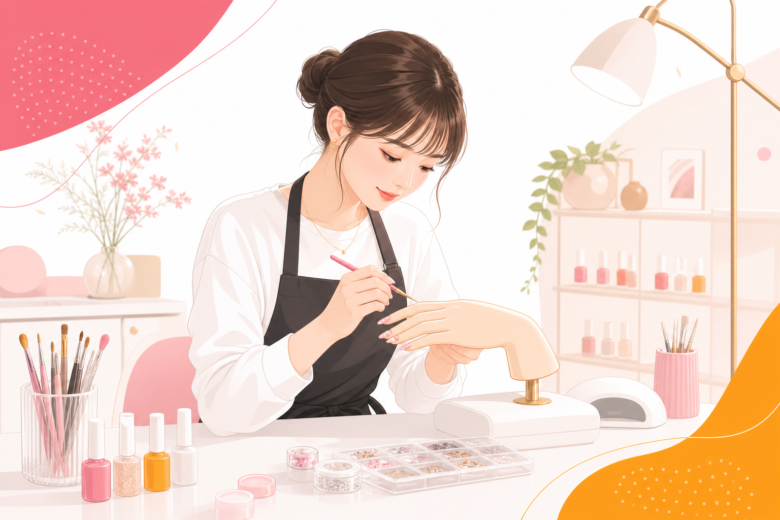 ネイルスクールでのマニキュア実技練習イラスト